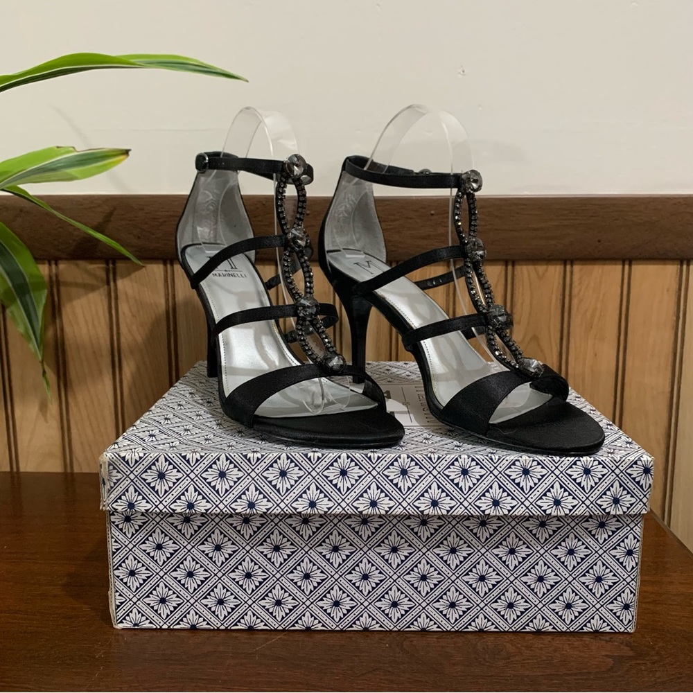 NIB M by Marinelli Satin Black/Smoke Rhinestone Riddle Heels (10)
